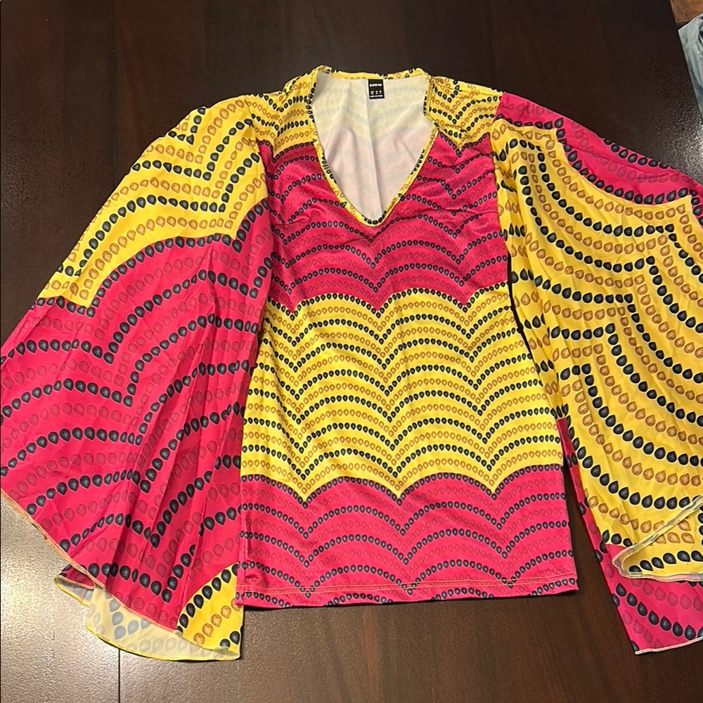 SHEIN Yellow and Pink Bell Sleeve Graphic Mini Dress